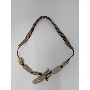 Vintage Carved Stone Fish Pendant‎ Necklace Braided Leather Cord Tribal Boho